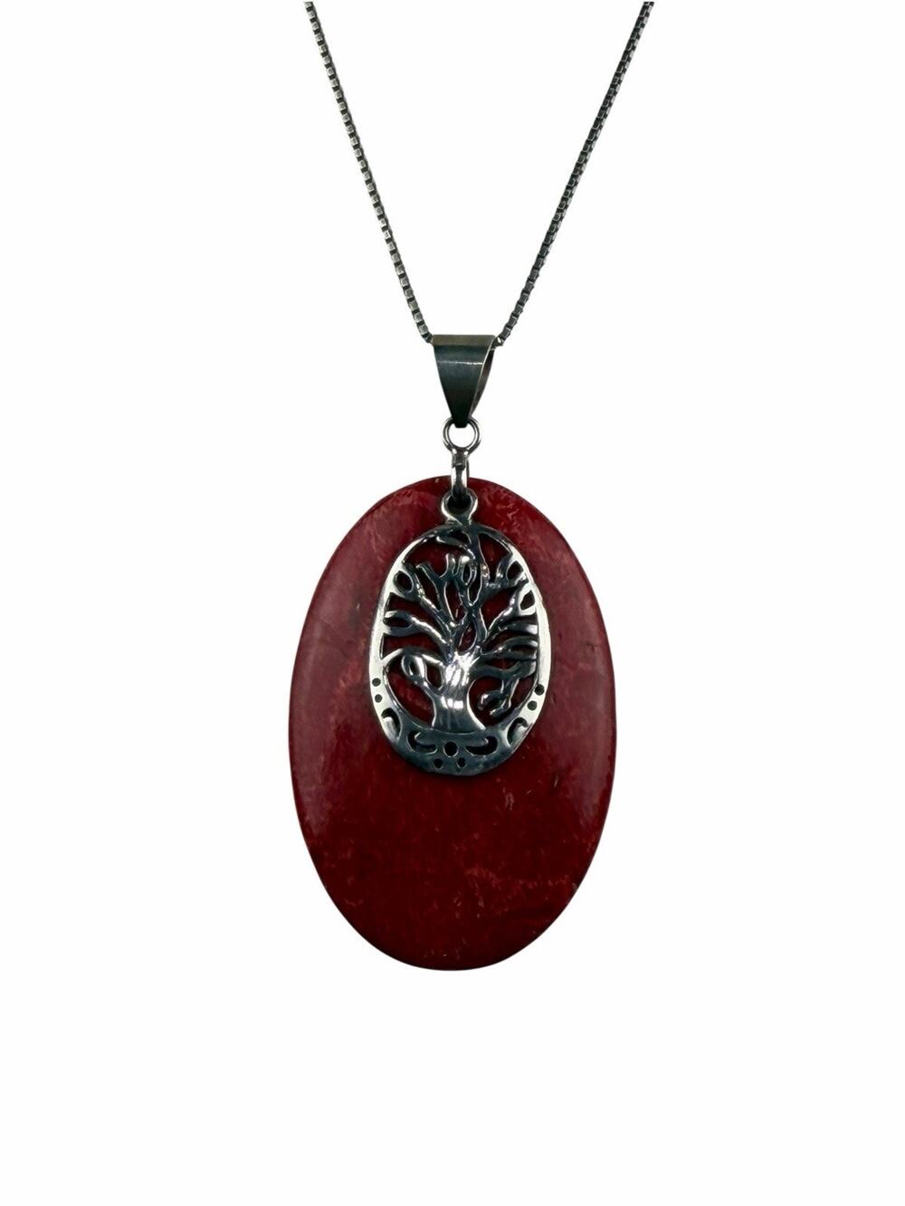 Tree of Life Coral Pendant 25" Box Chain Sterling Silver Necklace